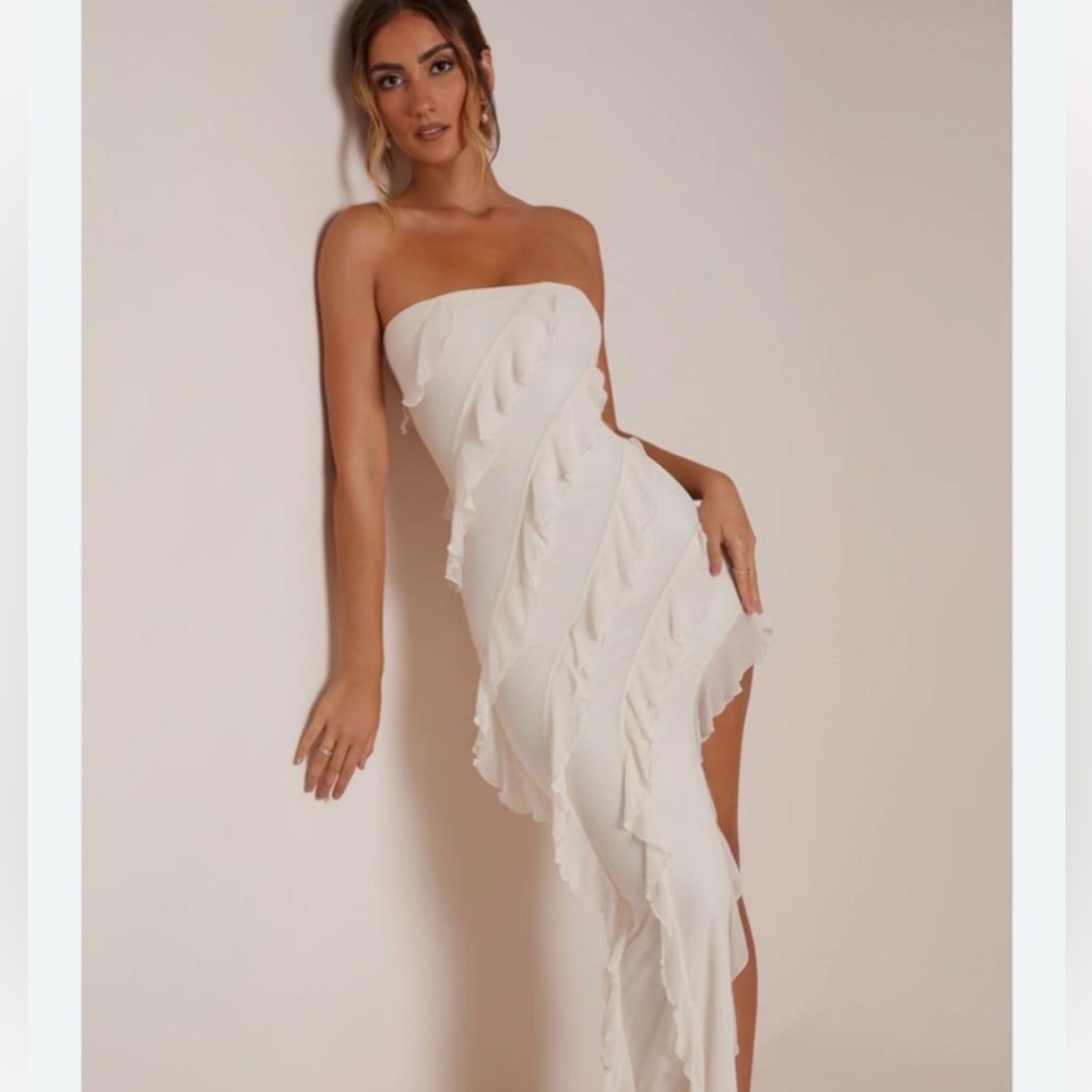 Oh Polly Ivory Strapless Ruffle Asymmetric Dress